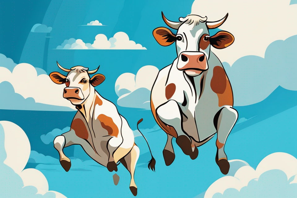 create a color illustration of three cows flying in a blue sky with white clouds. illustration, trending on artstation, by Pablo Picasso, colorful